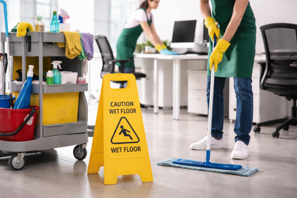 Commercial cleaning in progress with mop, cleaning trolley, and wet floor sign